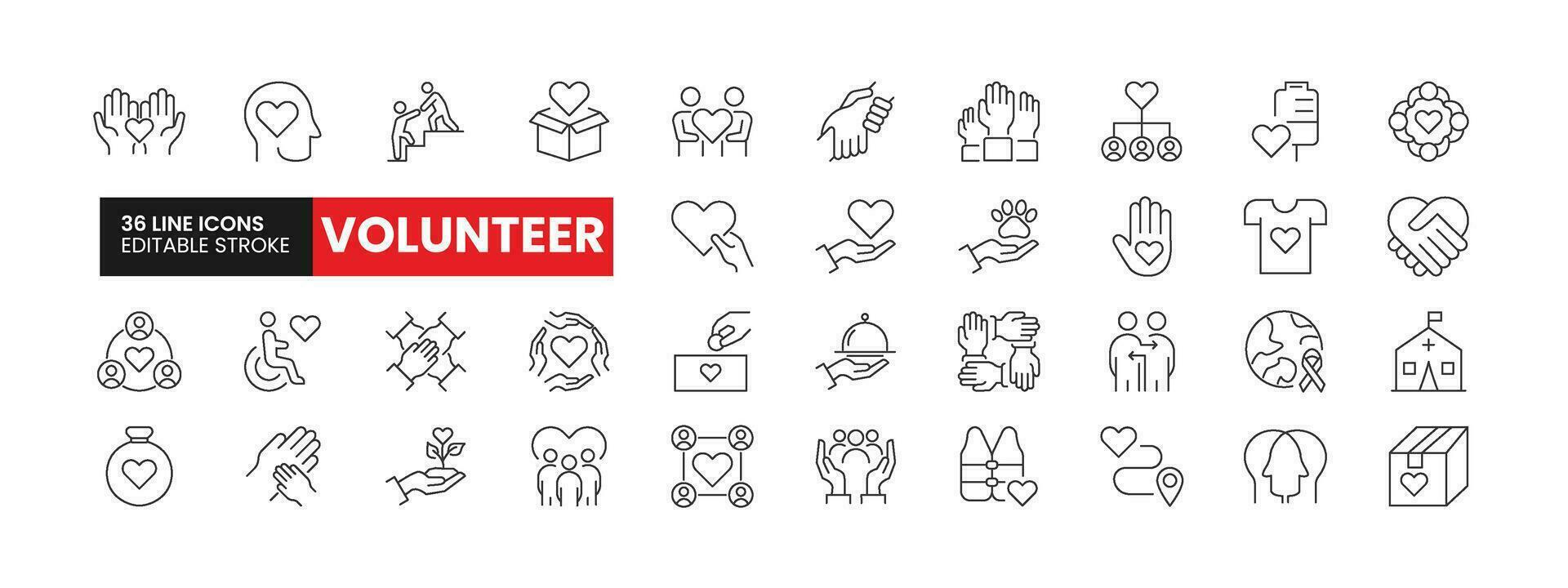 Set of 36 Volunteering line icons set. Volunteer outline icons with editable stroke collection. Includes Charity, Empathy, Volunteering, Cloth Donation, Organization, and More. vector
