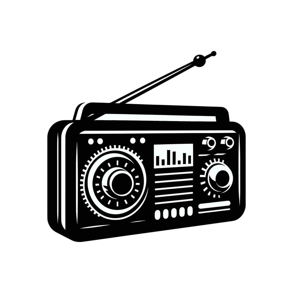 Retro radio isolated on white, vector silhouette