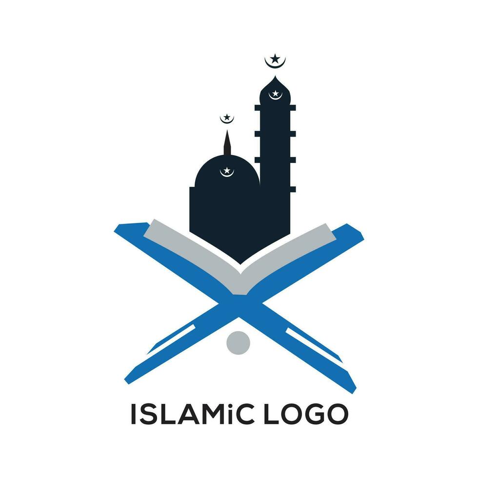 Mezquita islámica moderna y logotipo del Corán en fondo blanco aislado vector