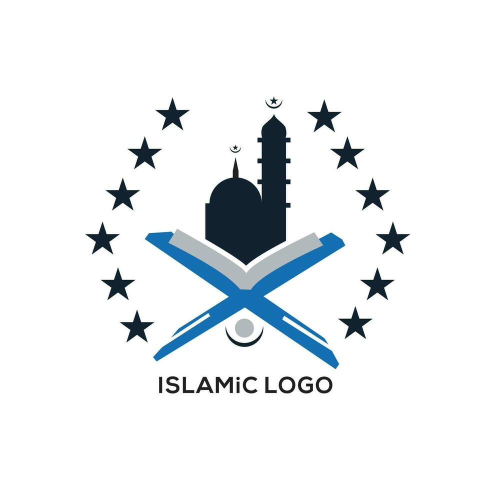 Mezquita islámica moderna y logotipo del Corán en fondo blanco aislado vector