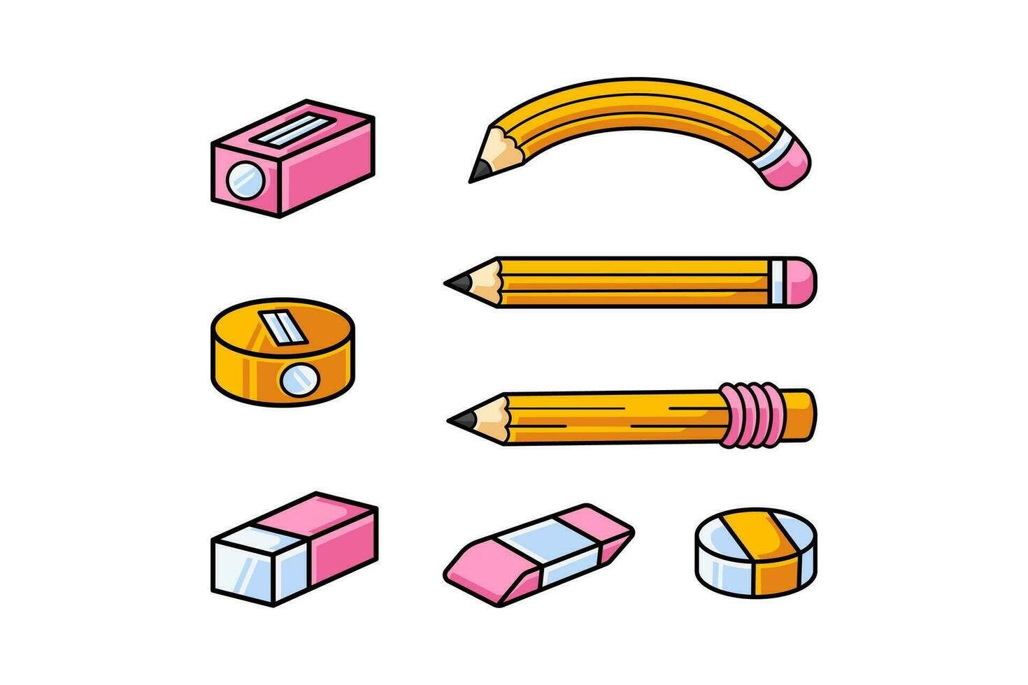 conjunto de papelería con lápiz, lápiz afeitado, borrador ilustración vector para espalda colegio