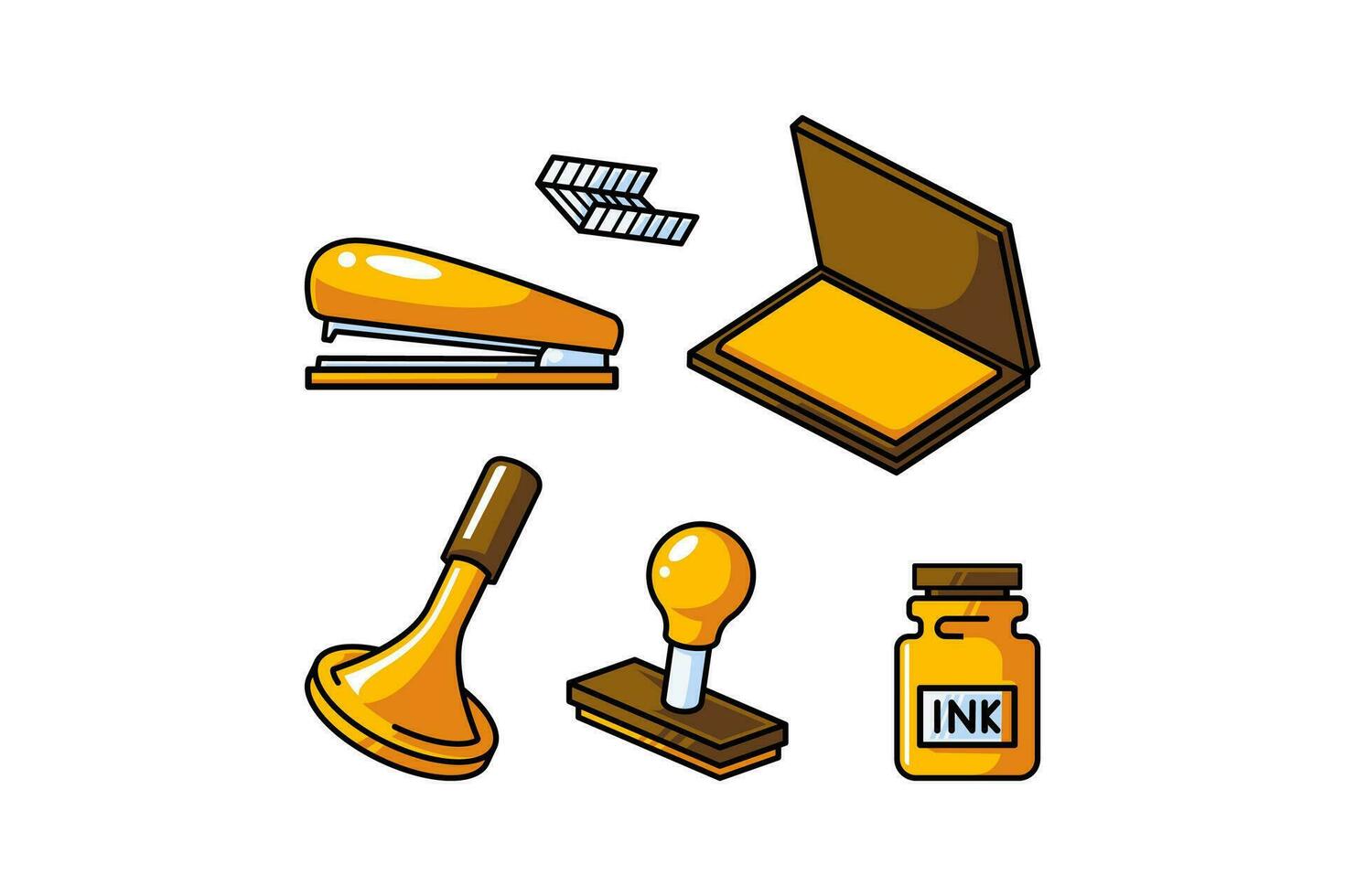 set of stationery with staples, stamp and ink illustration vector for education and back school