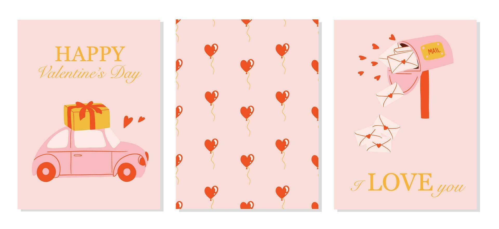 Valentine's day greeting cards set. February 14. Illustrations of love, heart, valentine, car with gifts, mail box with letter. Romantic cards and messages for lovers. Vector design