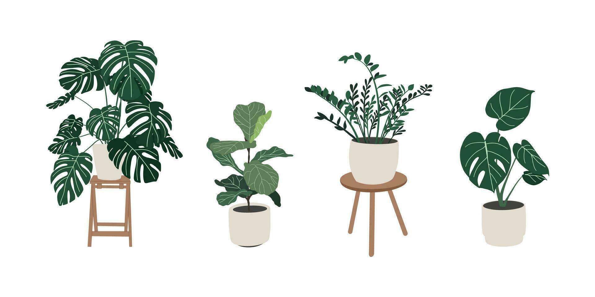 House plants set. Trendy home decor with plants, tropical leaves in stylish planters and pots. Home garden. Scandinavian cozy home decor. Hand drawn vector design