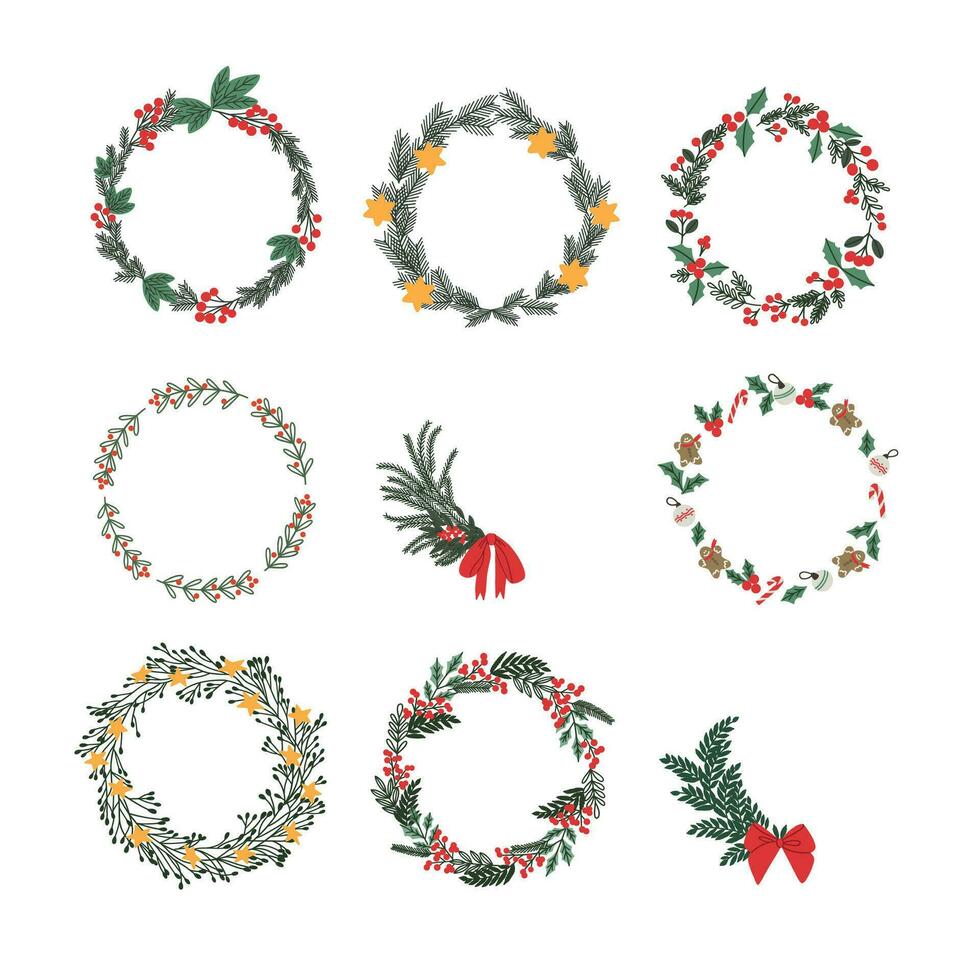 Christmas door wreaths collection. Xmas decor for winter holiday decoration. Green fir twigs and red berries. Hand drawn vector illustration