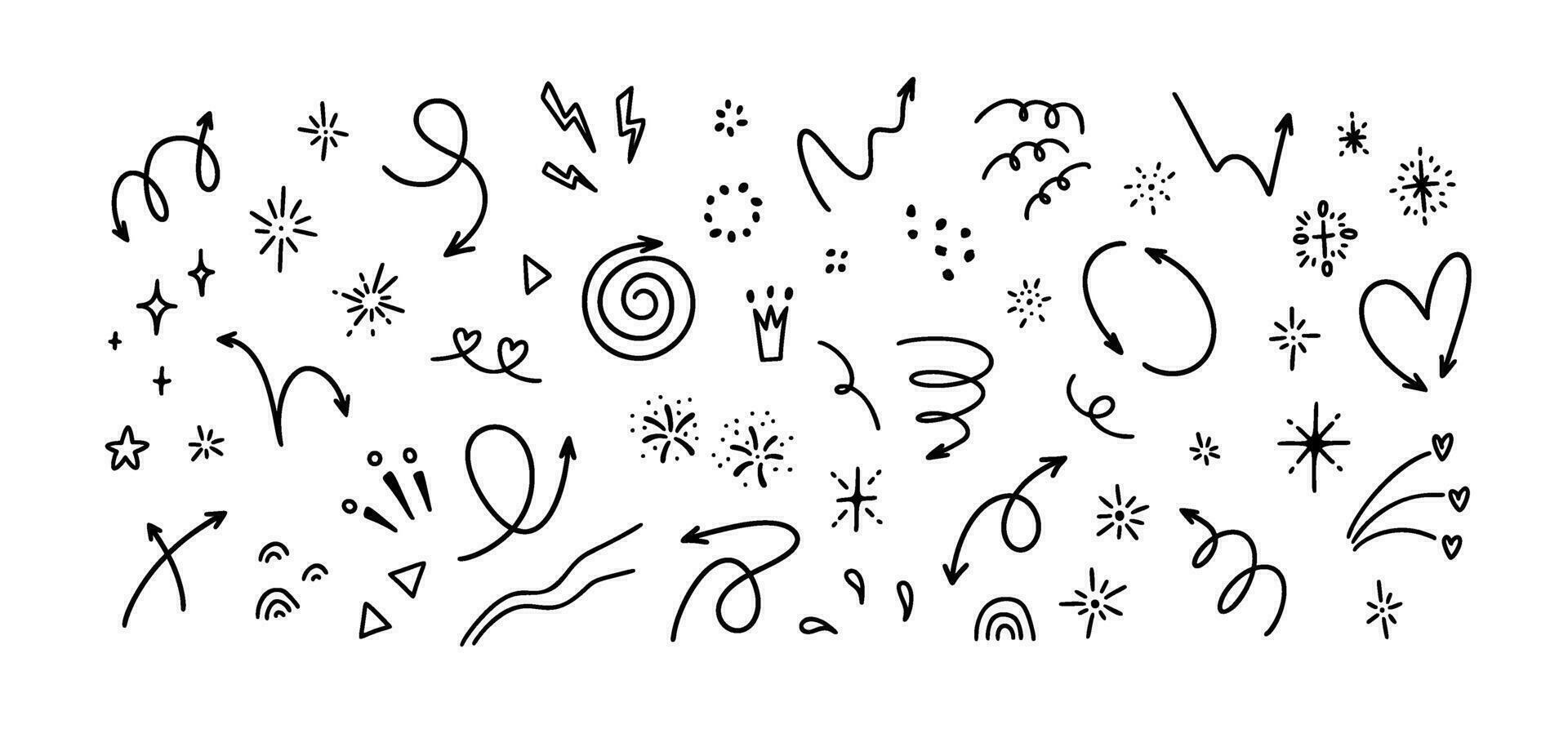 Cute line doodle handwritting elements set. Hand drawn sketchy curve arrows, glitter, stars, confetti, firework, heart, burst. Holiday, surprise, celebration decorative simple icons vector