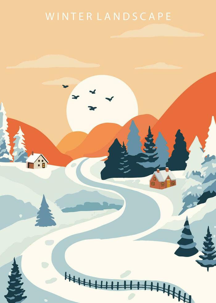 winter landscape background with mountain,tree.Editable vector illustration for postcard,a4 vertical size