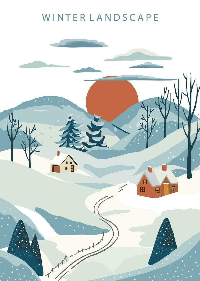 invierno paisaje antecedentes con montaña,árbol.editable vector ilustración para postal, a4 vertical Talla