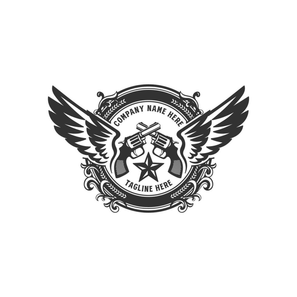 Vintage Retro Cowboy Texas Crossed Guns Badge Emblem Wings Logo vector