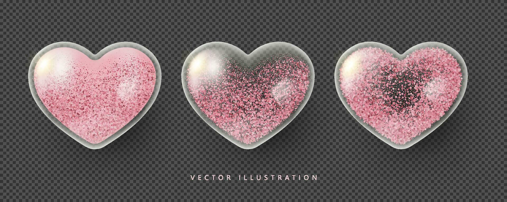 Realistic Pink Transparent Glass Hearts with glitter. Symbol of Love, Be my Valentine. Vector illustration in 3D style