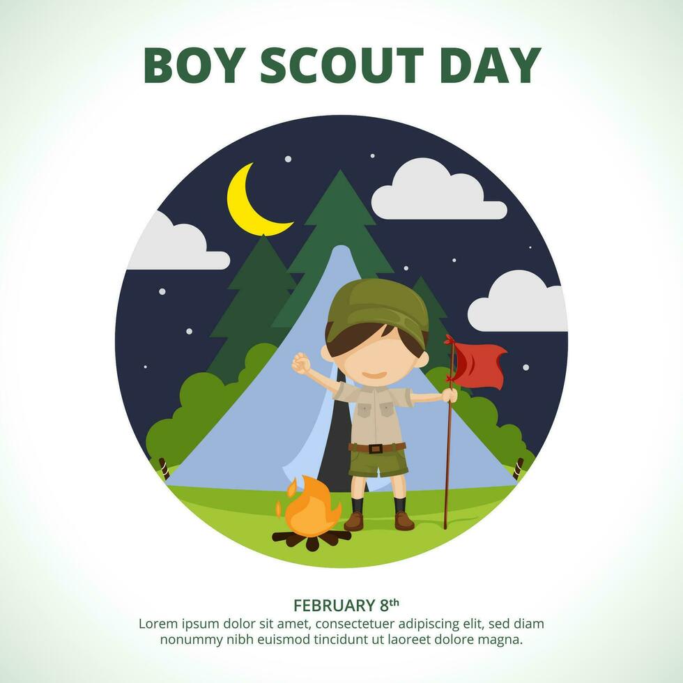 Square Boy Scout Day background with a scout doing camping vector