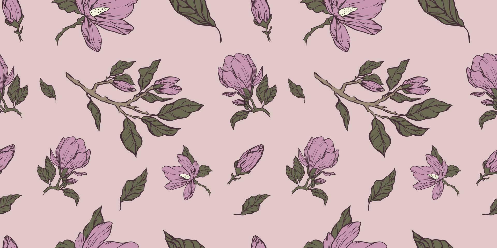 Magnolia flower line seamless pattern. Hand drawn colored wedding herb ornament, elegant leaves for invitation save the date card, greeting cards, print on fabric, wallpapers, scrapbooking, gift wrap. vector