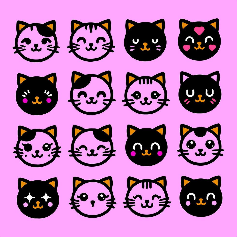 Cat face illustration, cat icon set vector