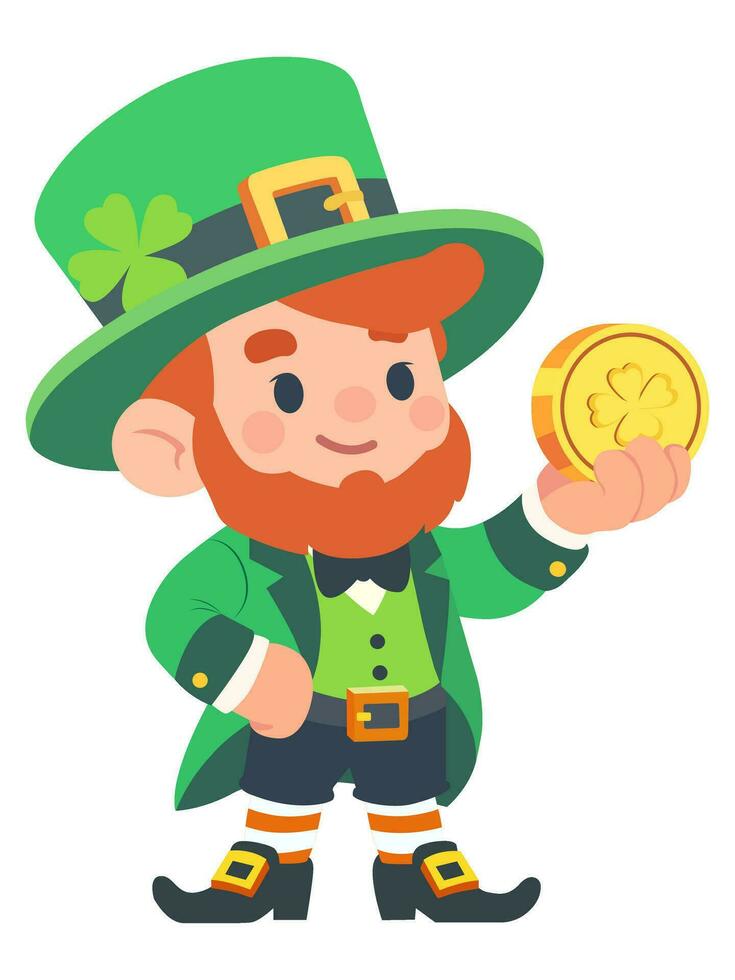 Leprechaun holds a lucky coin in his hand. St. Patrick's Day character. Flat style, cartoon style vector