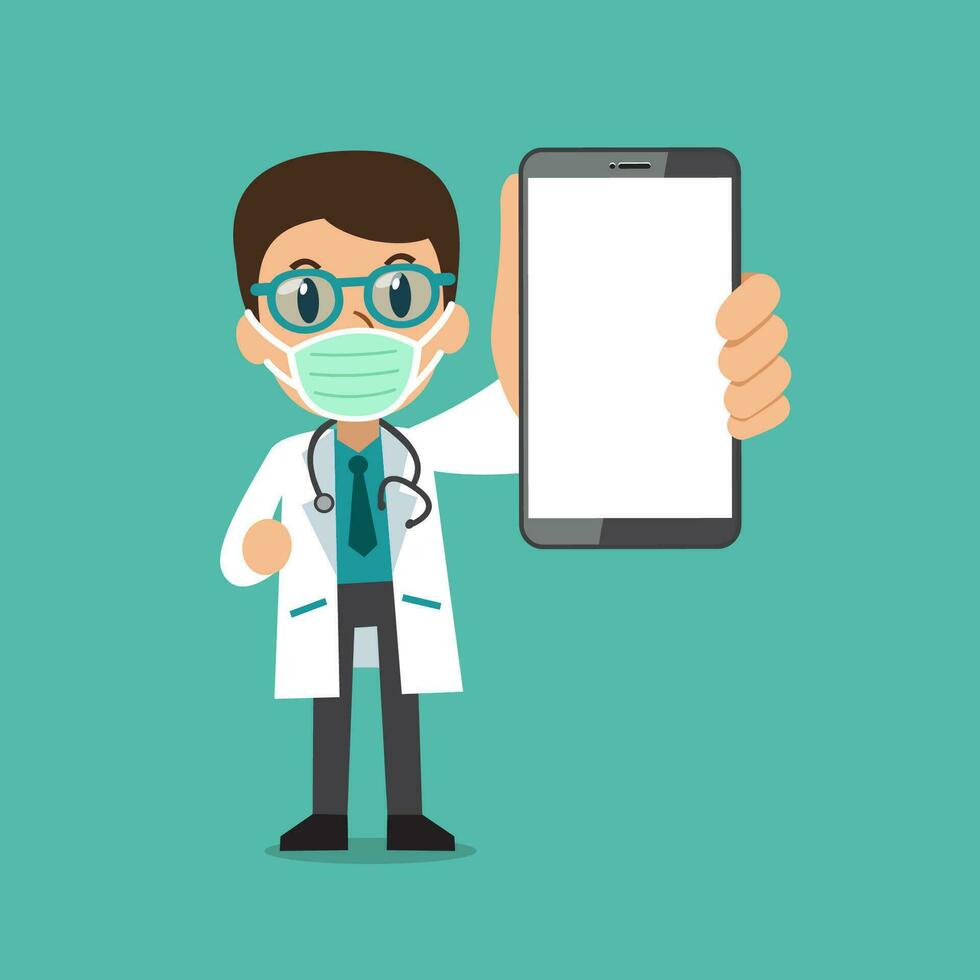 Cartoon male doctor wearing protective mask with smartphone vector