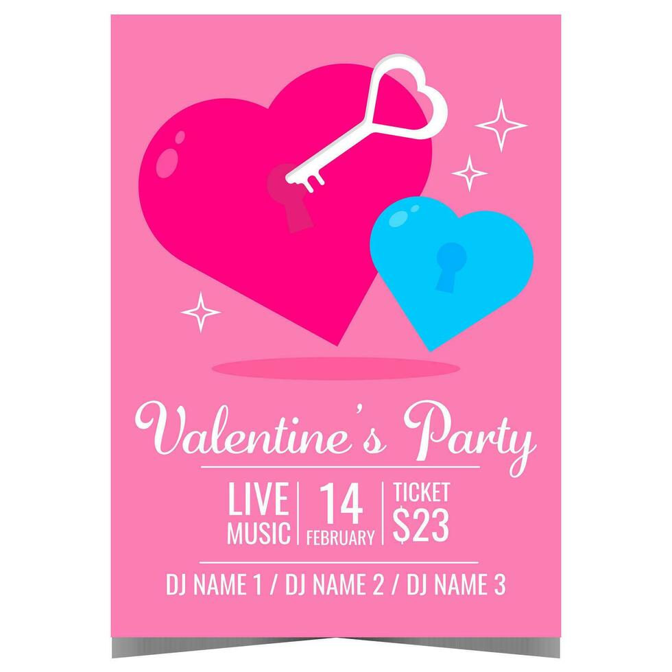 Valentine's Day romantic party invitation banner or poster with two pink hearts and perfect key for it. Ready to print vector design template for Feast of Saint Valentine.