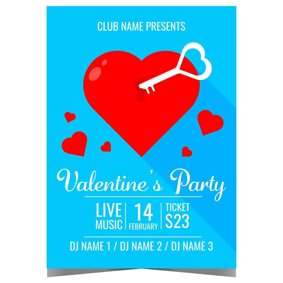 Valentine's Day party invitation with red heart and perfect key for it. Romantic party banner or poster to celebrate the Feast of Saint Valentine on February 14. Ready to print vector illustration.