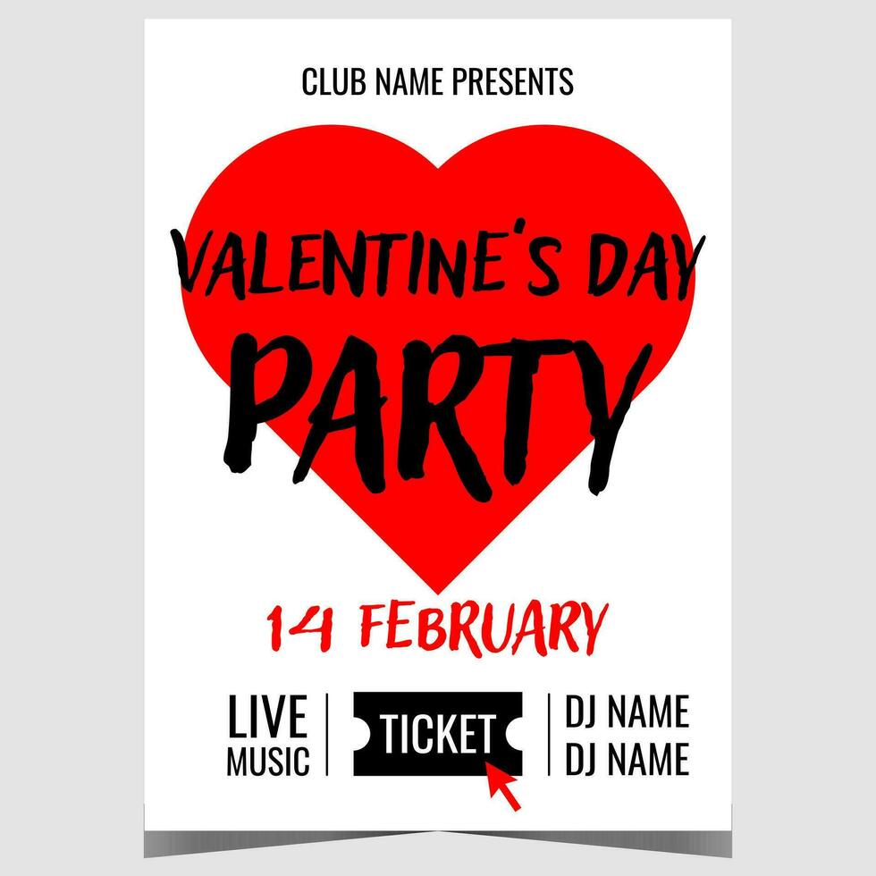 Valentine's Day party banner or poster with big red heart to invite your beloved for a romantic event in the night club to celebrate the holiday on February 14. Ready to print vector illustration.