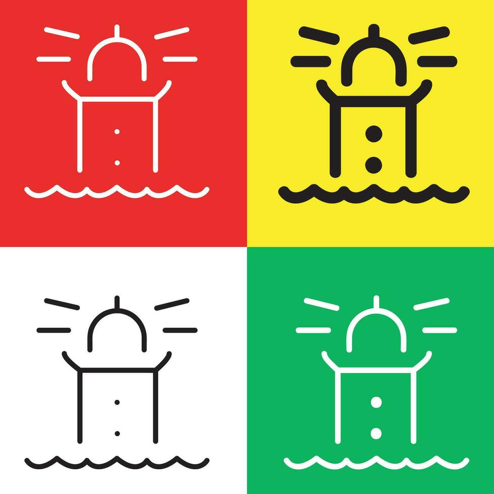 Lighthouse Vector Icon,  Outline style icon, from Adventure icons collection, isolated on Red, Yellow, White and Green Background.