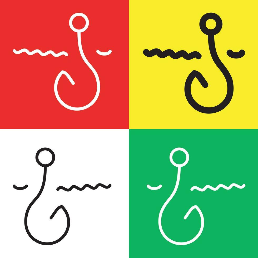 Fishing Vector Icon, Outline style icon, from Adventure icons collection, isolated on Red, Yellow, White and Green Background.