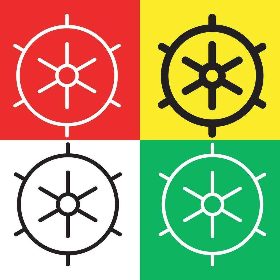 Ship wheel Vector Icon, Outline style icon, from Adventure icons collection, isolated on Red, Yellow, White and Green Background.