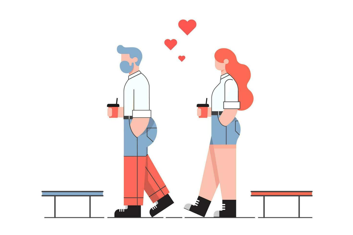 amor Pareja Bebiendo café, hombre y mujer caminando con café taza, rojo corazón minimalista Pareja concepto para San Valentín día y amor día ,vector amante ilustraciones. vector