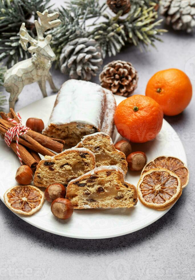 Christmas stollen with winter holidays decoration photo