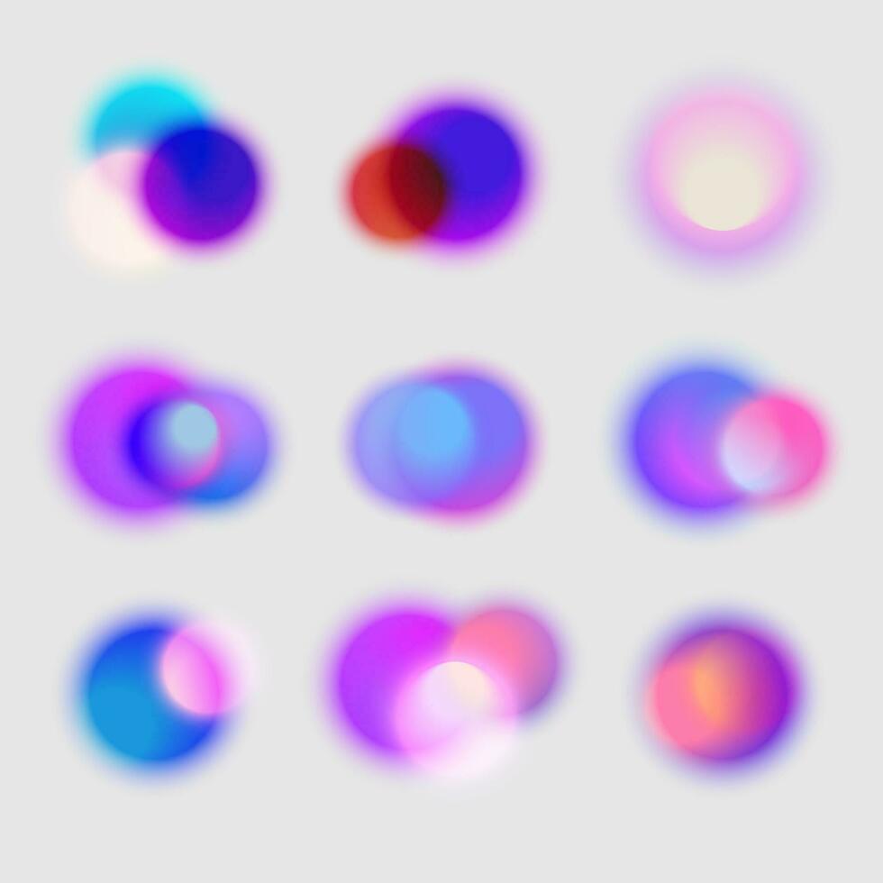 Vector set of bright gradient blurred circles. Colorful abstract spot with blur, bokeh effect. Isolated template in blue and violet colors. Glare illustration