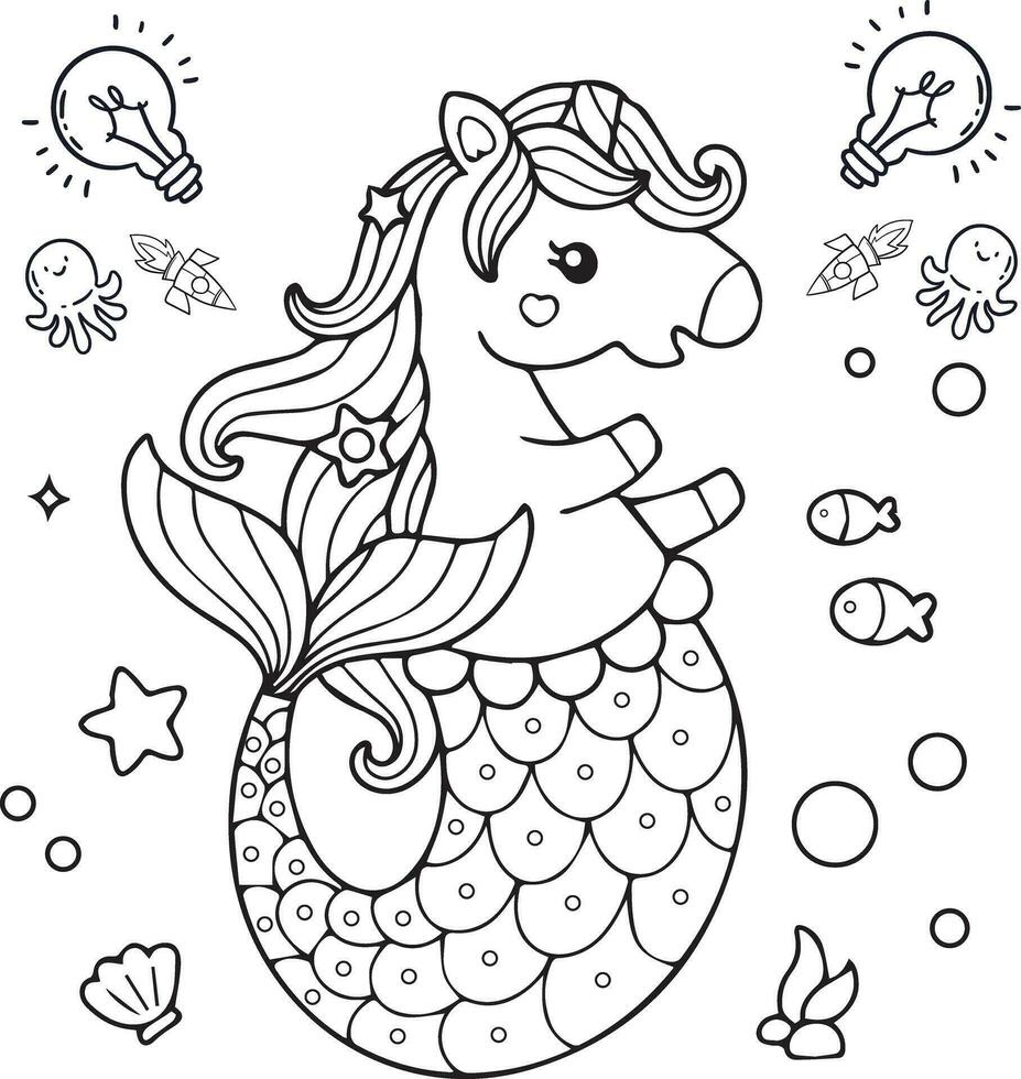 Cute baby unicorn sitting with cupcake doodle drawing coloring page illustration vector