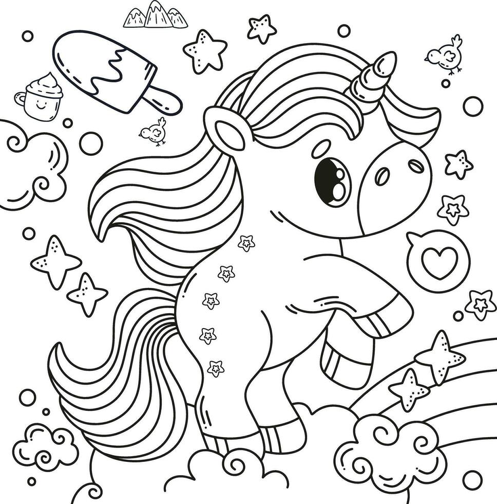 Cute baby unicorn sitting with cupcake doodle drawing coloring page illustration vector