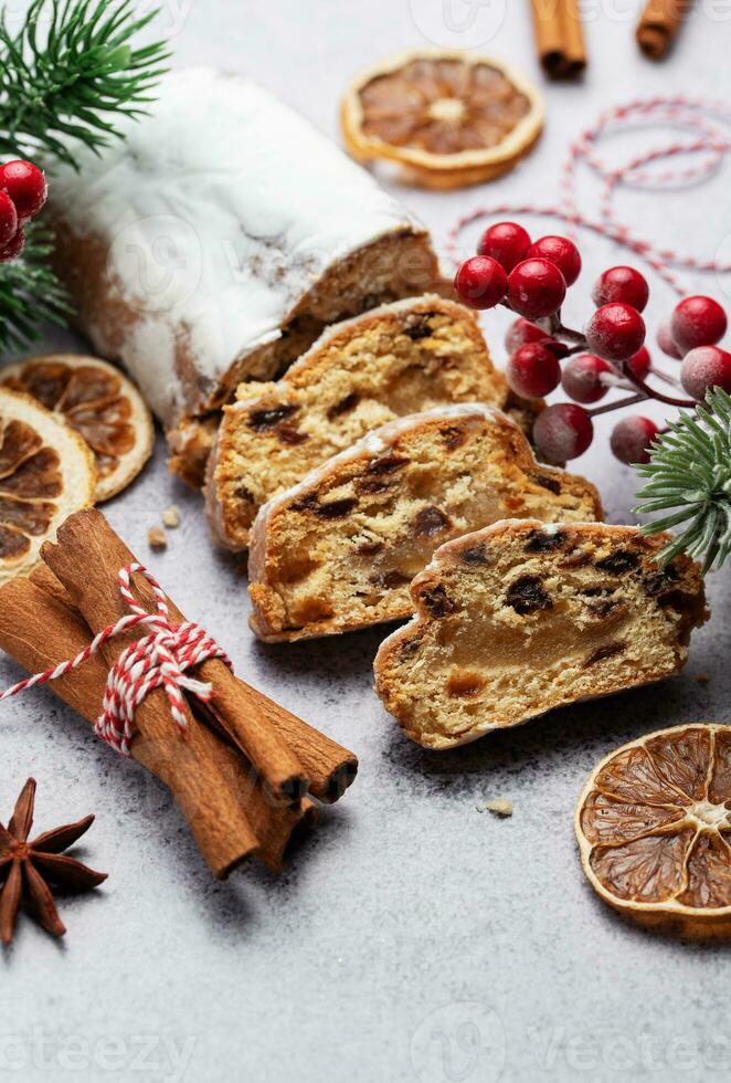 Christmas stollen with winter holidays decoration photo