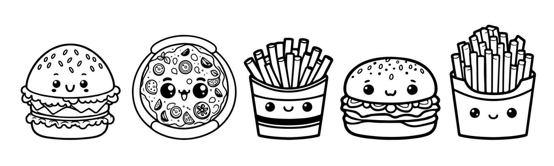 Vector cute fast food illustration of coloring book page