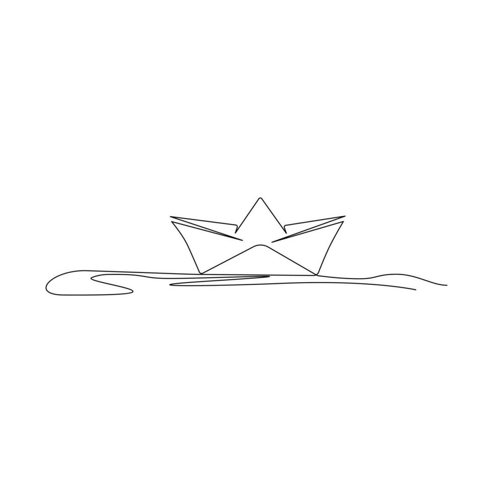 Continuous one-line paper boat vector drawing on water, outline-style single-line illustration art