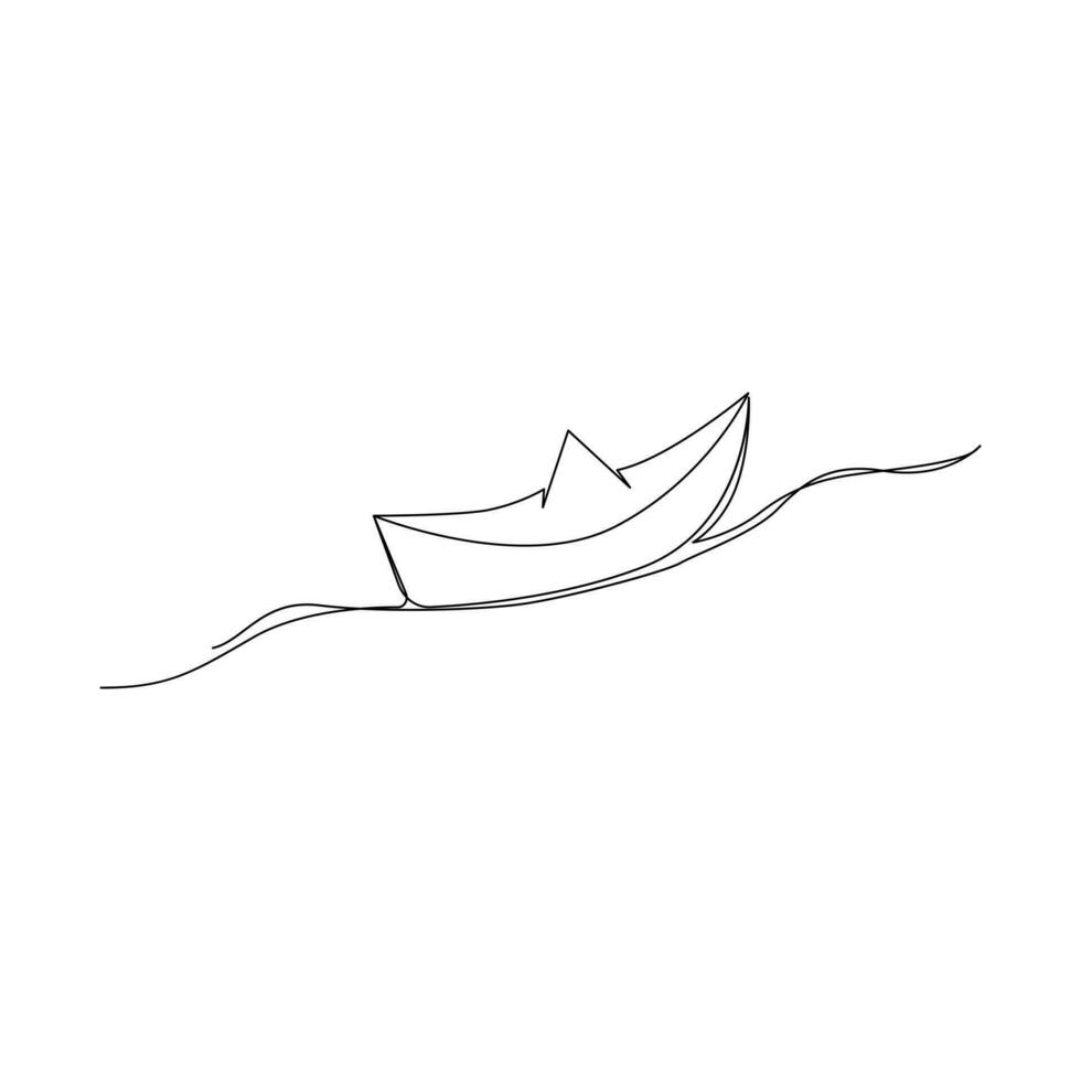 Continuous one-line paper boat vector drawing on water, outline-style single-line illustration art