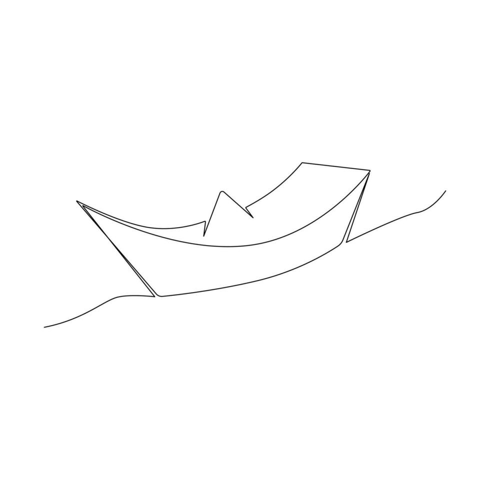 Continuous one-line paper boat vector drawing on water, outline-style single-line illustration art