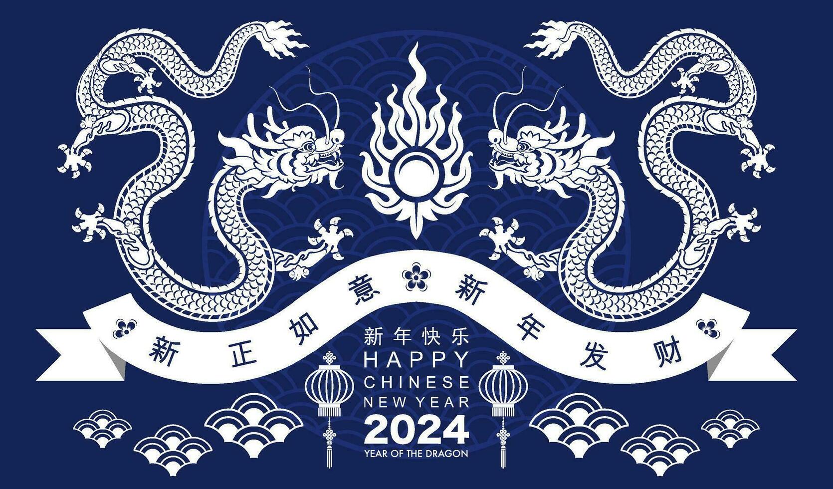 contento chino nuevo año 2024 el continuar zodíaco firmar con flor,linterna,asiática elementos blanco y azul papel cortar estilo en color antecedentes. vector