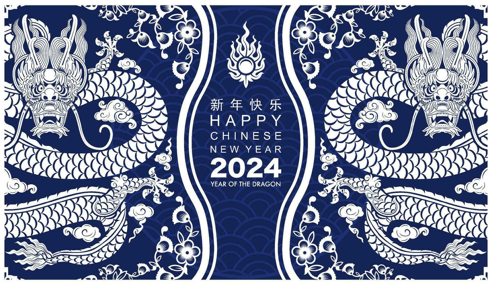 contento chino nuevo año 2024 el continuar zodíaco firmar con flor,linterna,asiática elementos blanco y azul papel cortar estilo en color antecedentes. vector