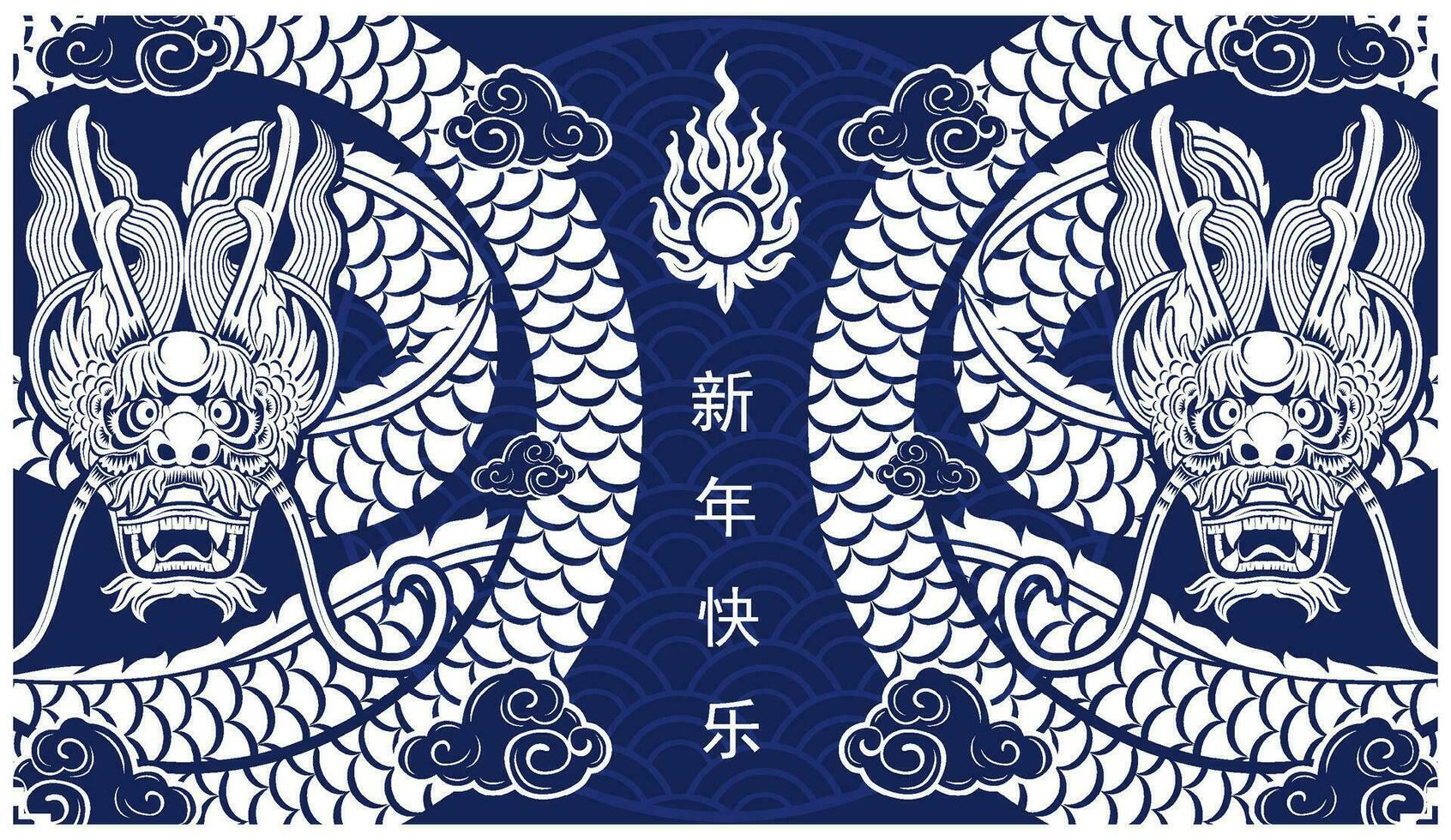Happy chinese new year 2024 the dragon zodiac sign with flower,lantern,asian elements white and blue paper cut style on color background. vector