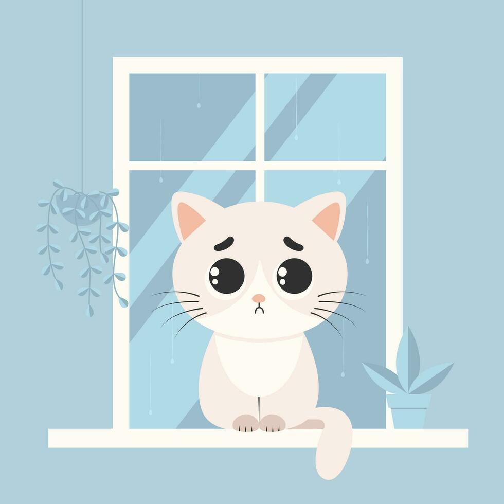 un triste gato se sienta en el antepecho entre flor ollas, sus lloviendo fuera de el ventana. tristeza y depresión concepto. vector