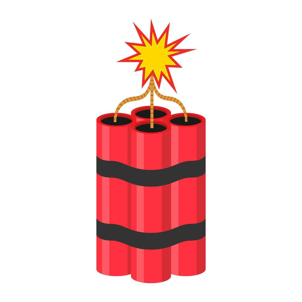 Tnt dynamite. Cartoon bomb with burning wick and explosive detonator, red stick mining blast charge, destroy firecracker fuse burning cable vector illustration