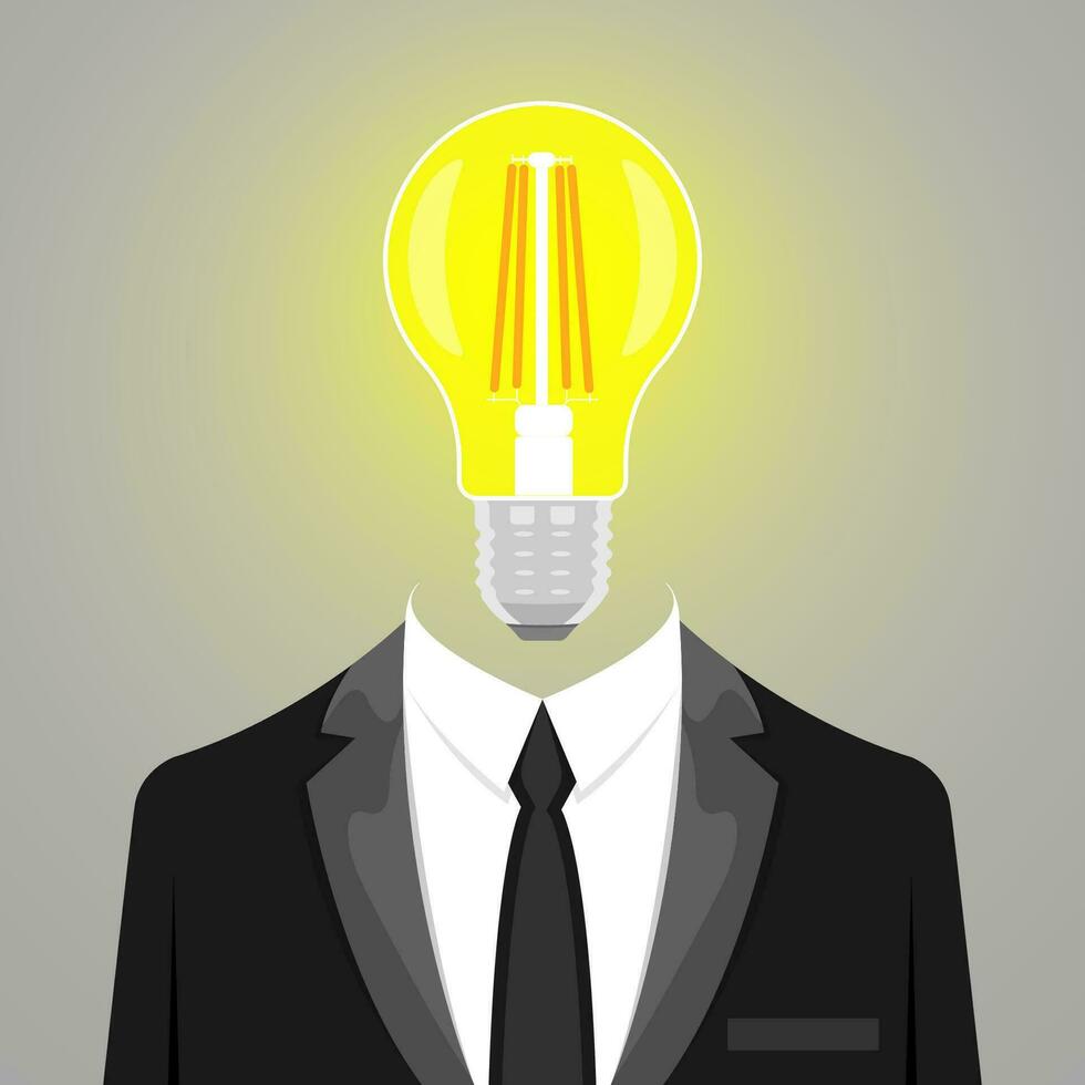 Businessman with light bulb man thinks of great idea. Good idea reach illustration vector