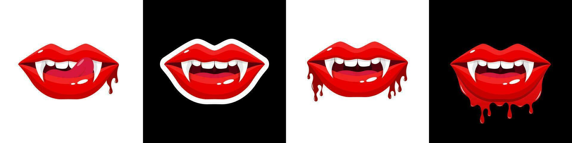 conjunto boca con un lengua lame dientes vampiro boca abierto hembra rojo labios con largo puntiagudo canino dientes y sangre ilustración vector sangriento vampiro labios