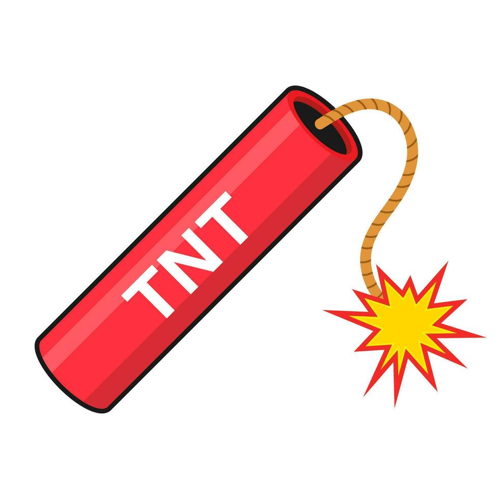 Tnt dynamite. Cartoon bomb with burning wick and explosive detonator, red stick mining blast charge, destroy firecracker fuse burning cable vector illustration