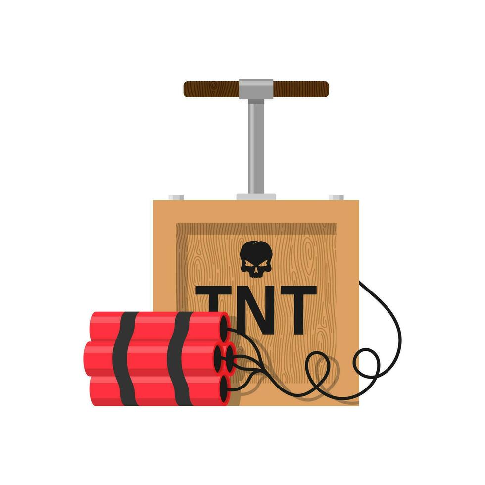 Tnt dynamite. Cartoon bomb with burning wick and explosive detonator, red stick mining blast charge, destroy firecracker fuse burning cable vector illustration