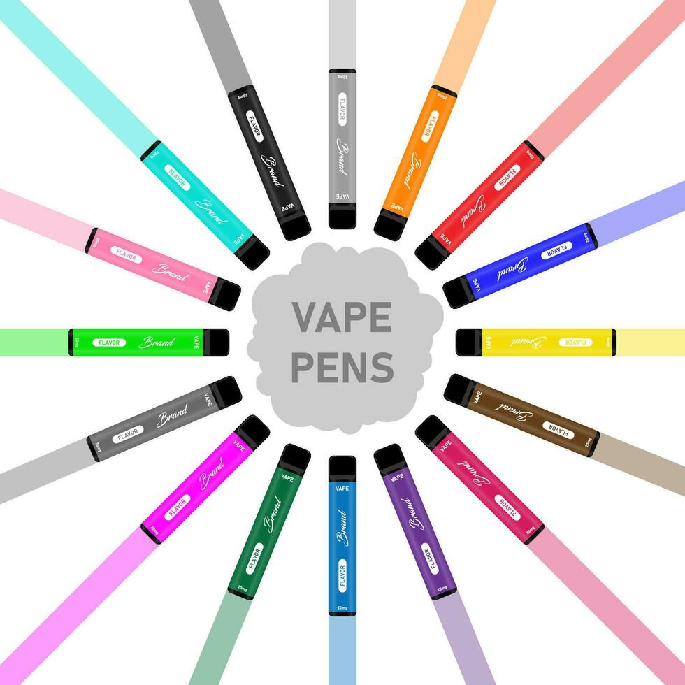 Vape Pen Disposable electronic vape pen cigarettes E-cigarettes in different flavours sorted by color vector illustration