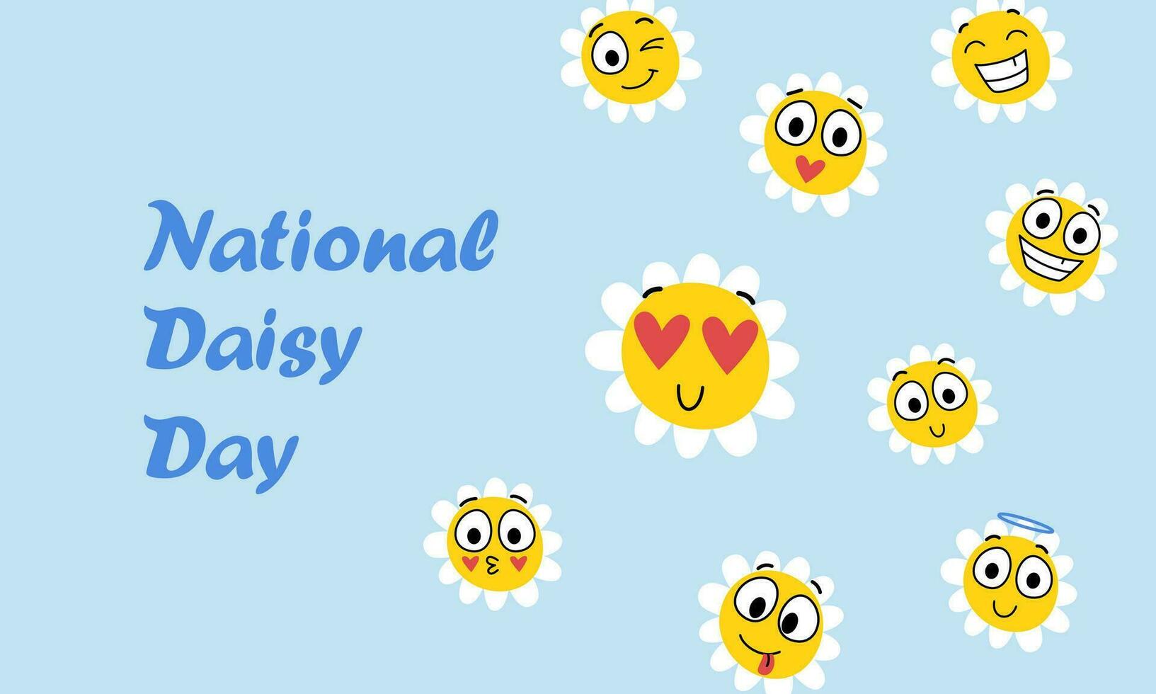 National Daisy Day banner. Cheerful and cute daisies on a blue background. Vector illustration