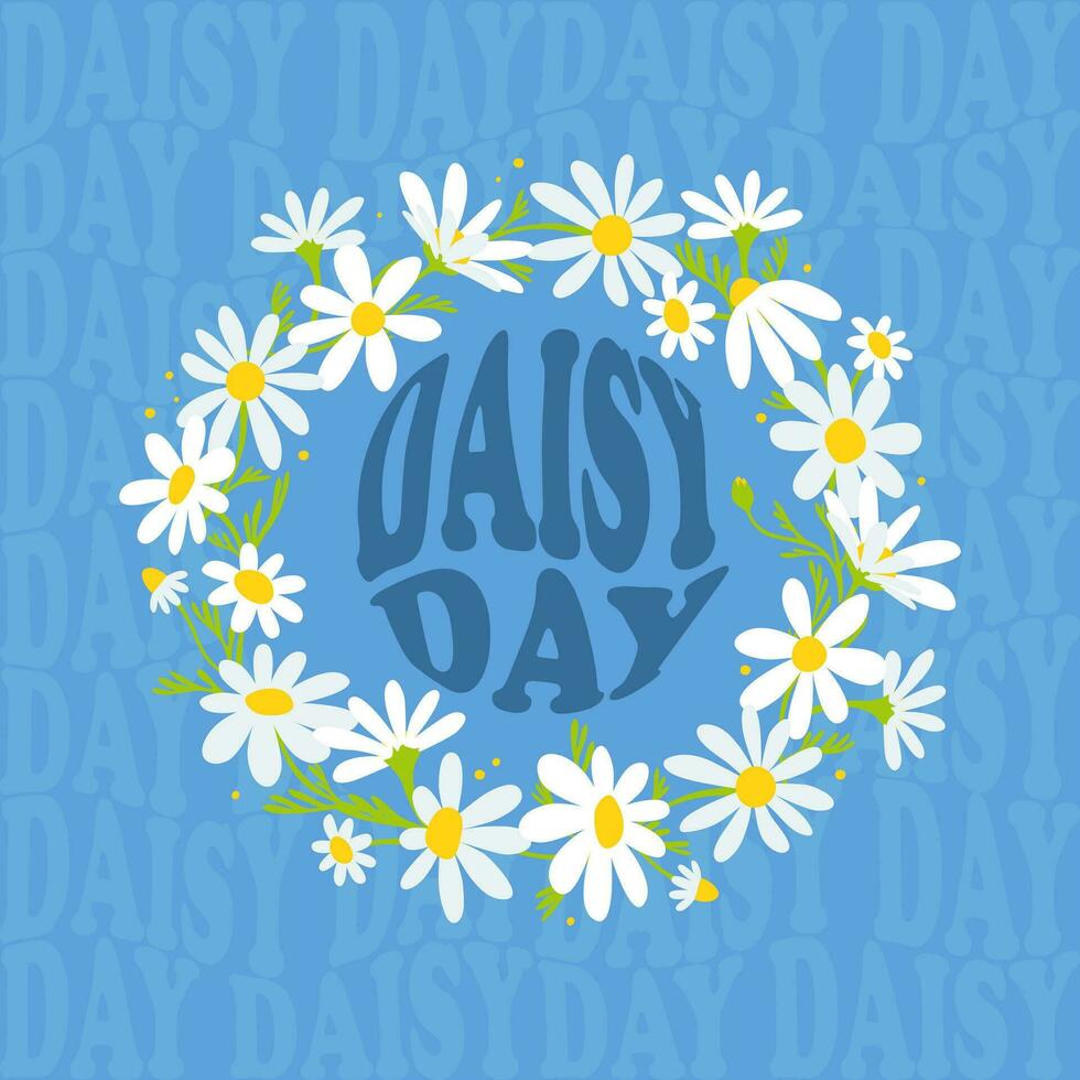 National Chamomile Day. Round groovy letters SV in a wreath of daisy flowers on a blue text background. Trendy groovy design for posters, cards vector