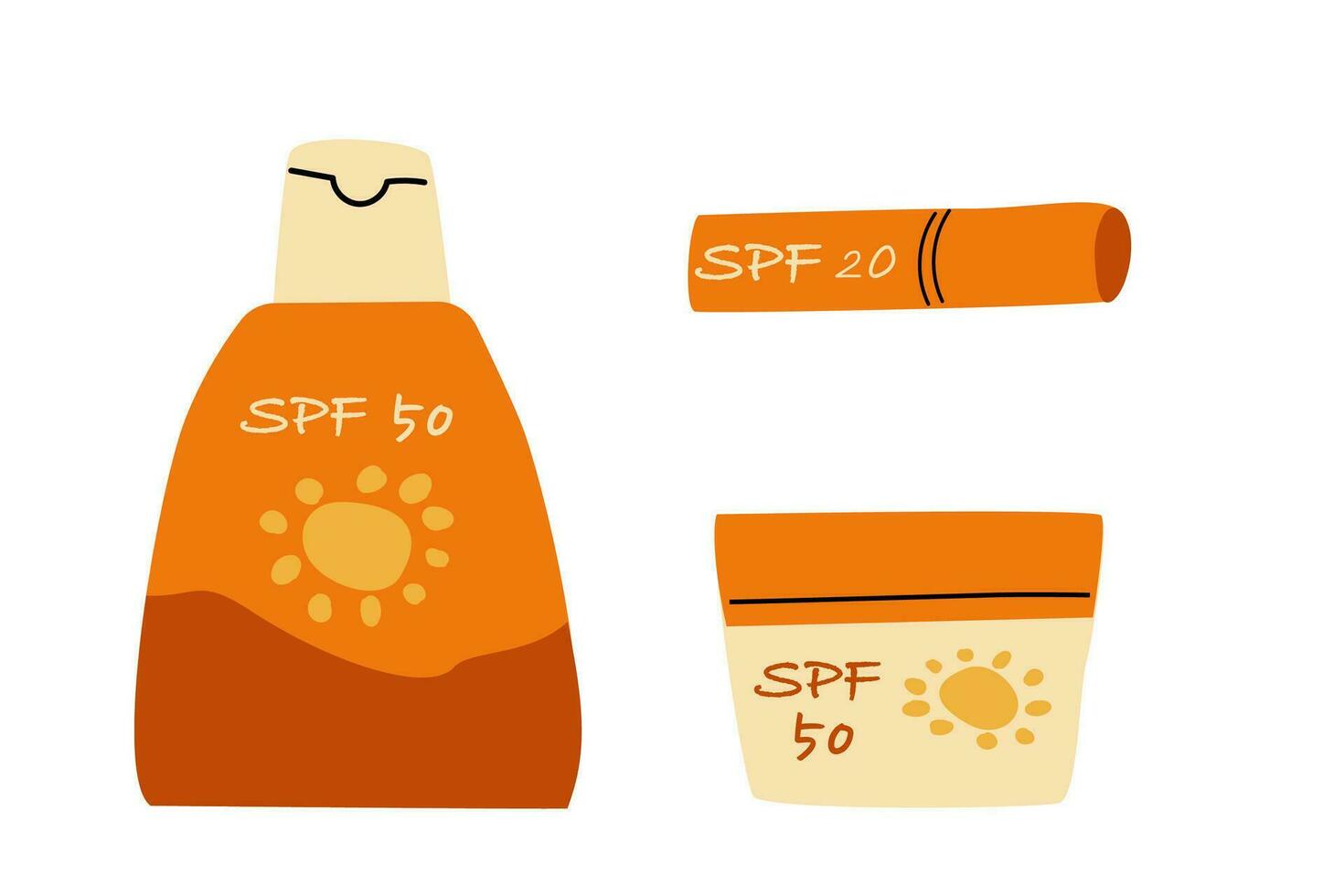 conjunto de productos cosméticos con spf 50 y spf20. vector ilustración aislado. crema, loción y lápiz labial.