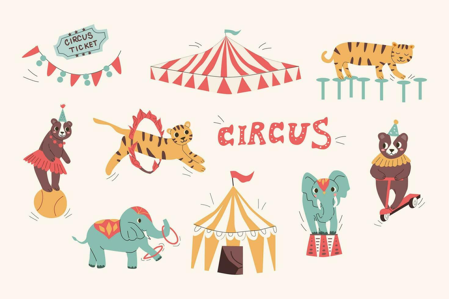 cute circus baby animals and tents - big set. Vector illustration with elephant with rings, on a drum. Bear on ball and bike. Usable for perfomance, banner, invitation. Retro design.