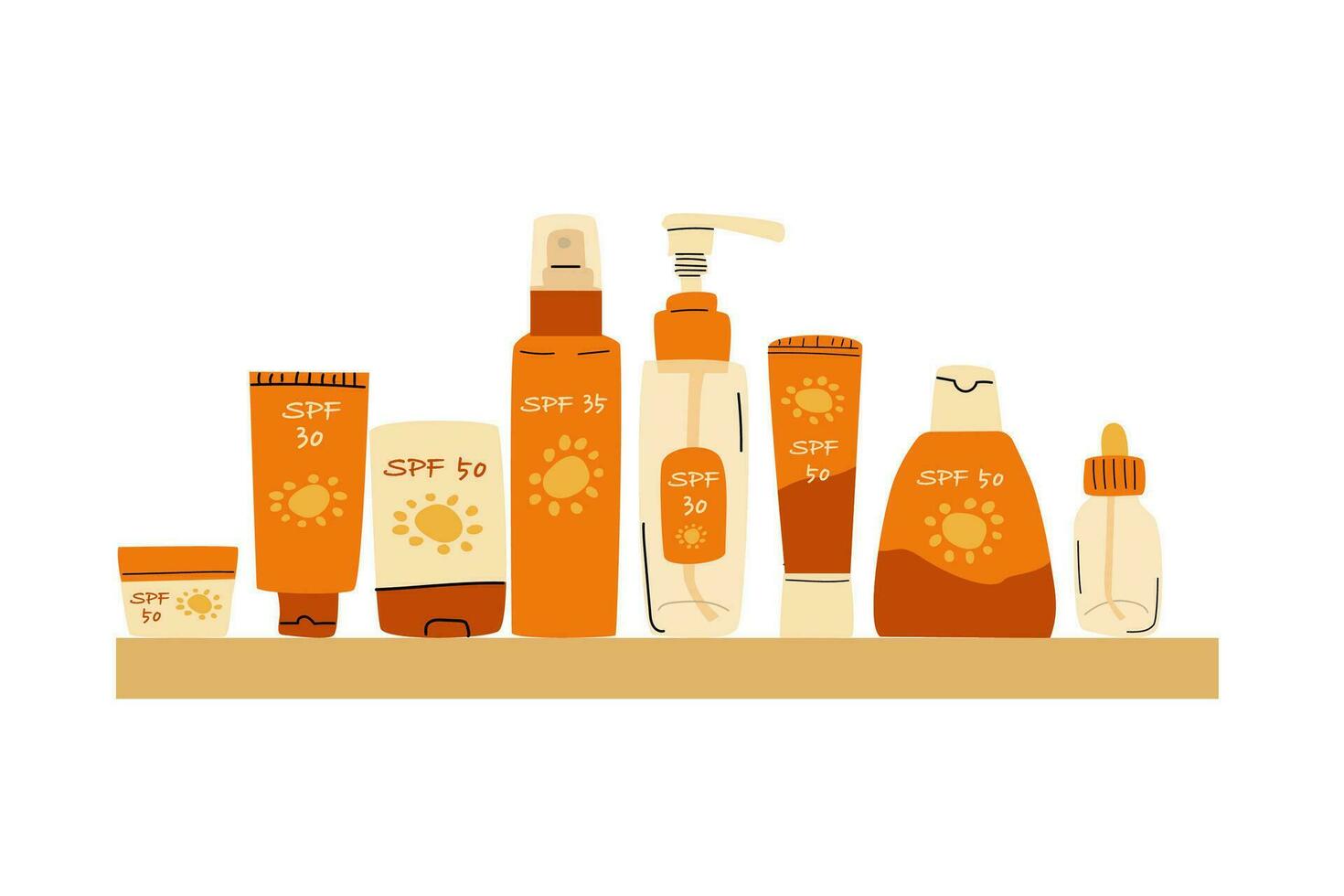 conjunto de productos cosméticos para Dom proteccion y bronceado en el estante. vector ilustración aislado, conjunto incluido crema, rociar, palo, loción, suero, palo.